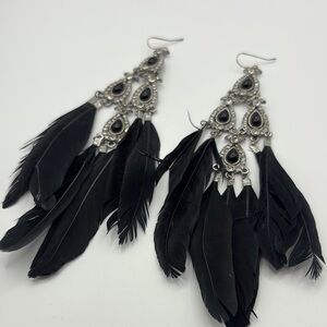 Chic Black Feather and Silver Dangle Earrings